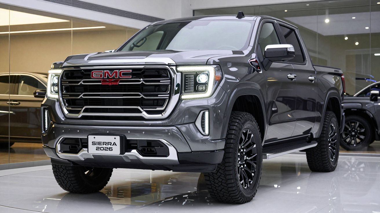 Pick-up GMC Sierra 2026 cinzenta escura em salão automóvel moderno e iluminado.