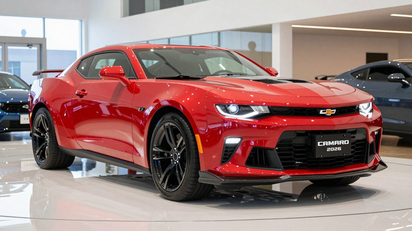 Carro desportivo vermelho Chevrolet Camaro 2026 estacionado em exposição interior brilhante.