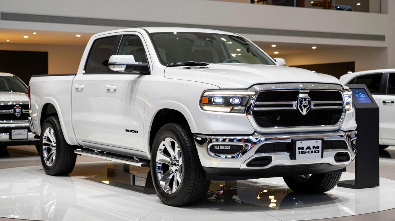 Pick-up branca RAM 1500 em exibição num salão de automóveis moderno.