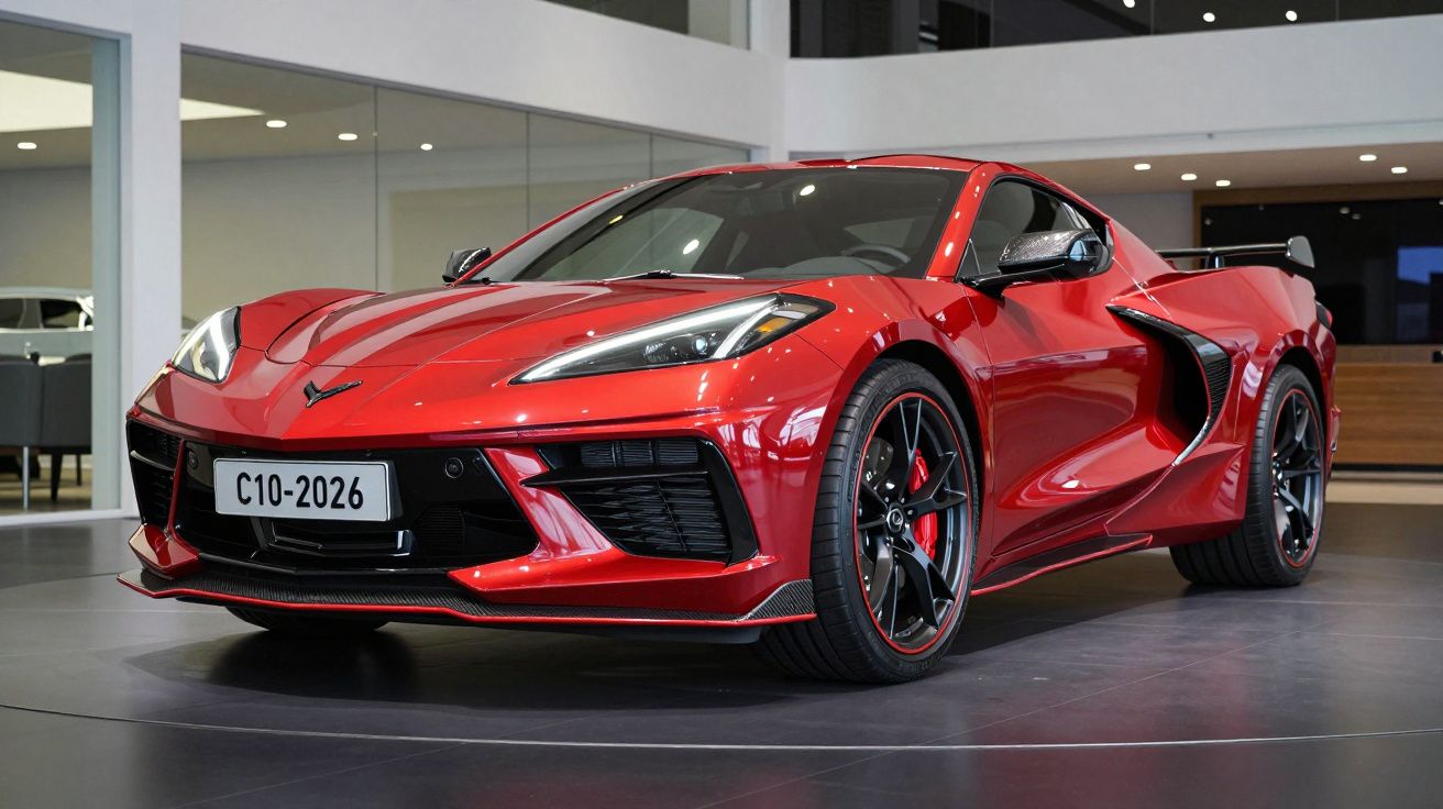 Carro desportivo vermelho com design aerodinâmico exposto numa sala moderna e iluminada.