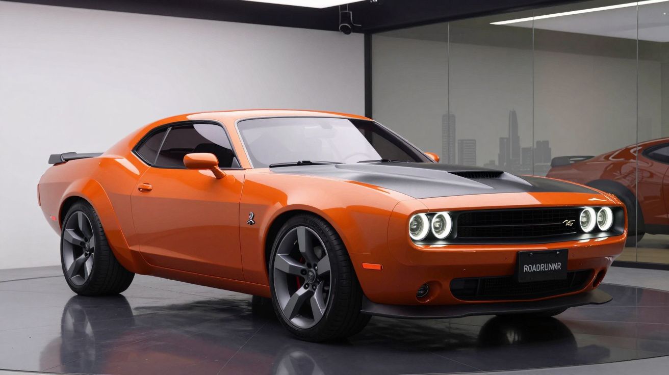 Carro desportivo clássico laranja com capot preto e faróis redondos acesos numa sala moderna.