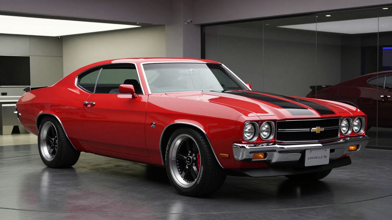 Carro desportivo clássico Chevrolet Chevelle SS vermelho com riscas negras, estacionado em espaço interior moderno.