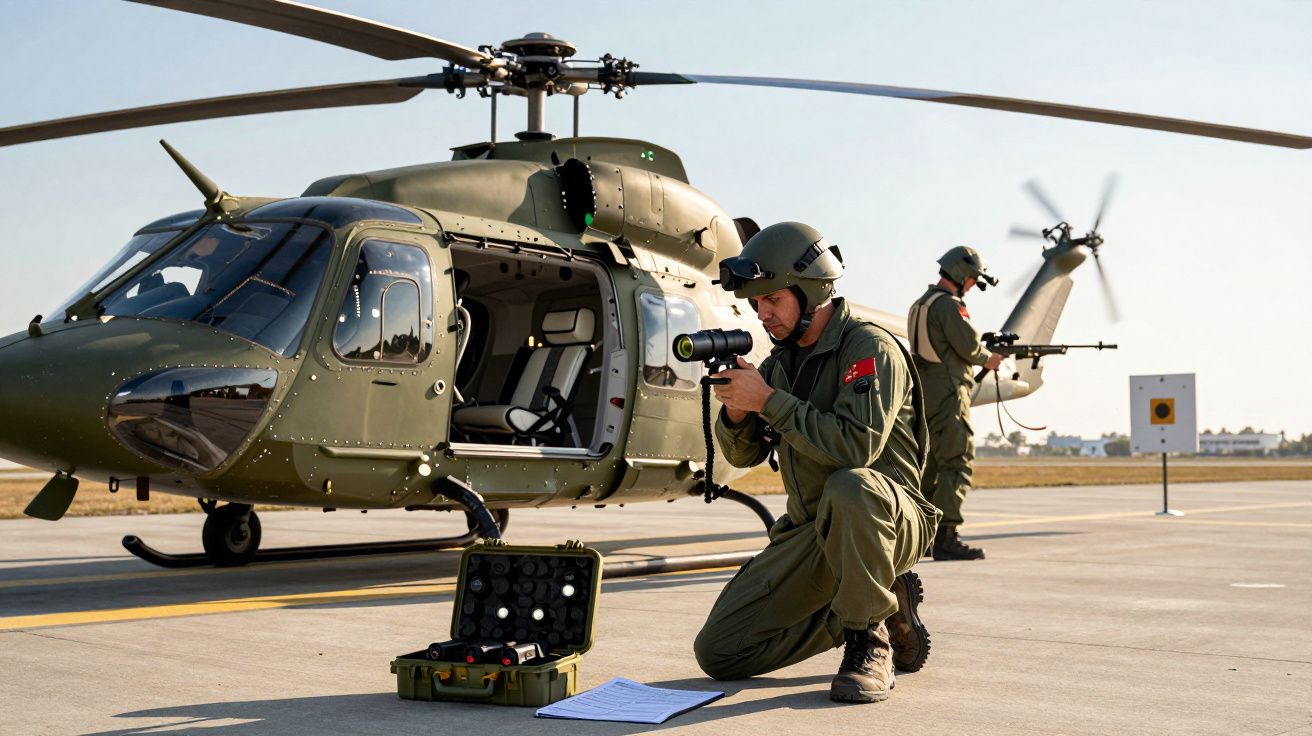 Dois militares em uniforme verde ao lado de um helicóptero militar verde na pista de aterragem.