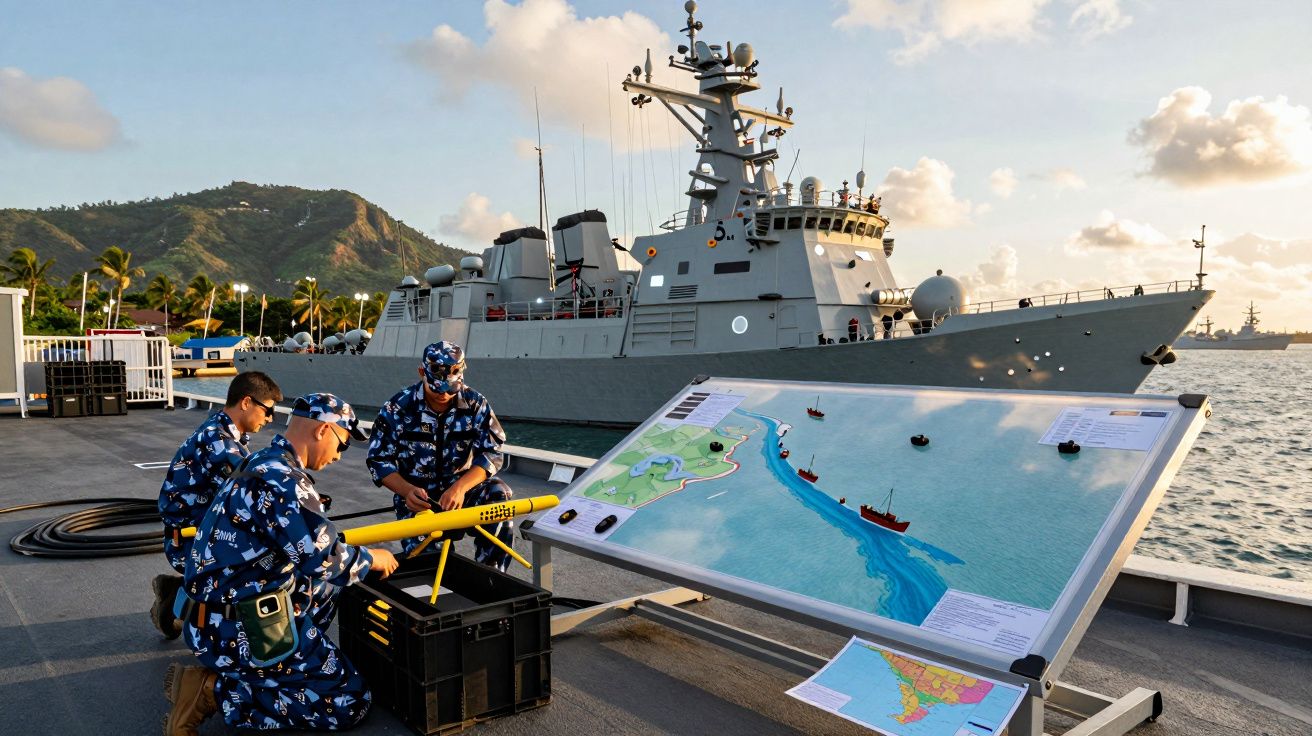 Três militares em uniforme azul preparam equipamento junto a um mapa à beira de um navio de guerra atracado.