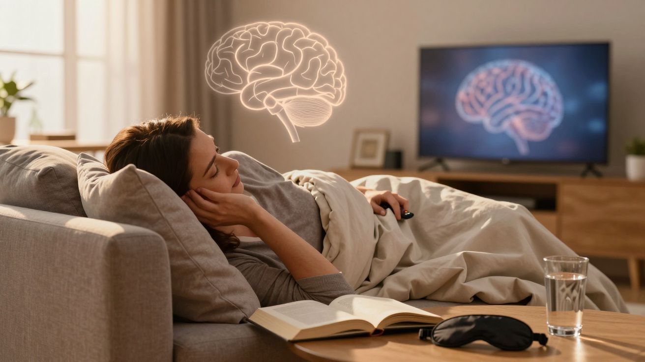 Mulher deitada no sofá ao lado de livro aberto, copo de água e imagem digital do cérebro em ambiente acolhedor.