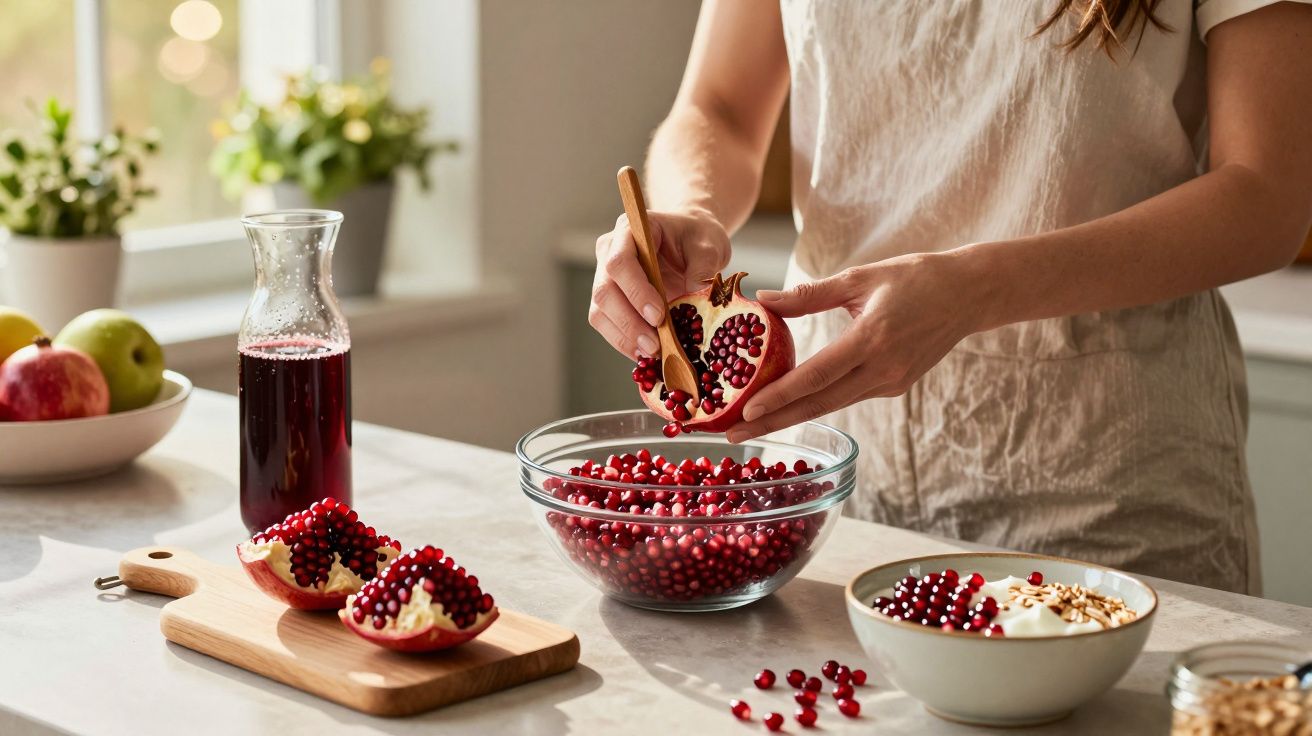 Pessoa a retirar sementes de romã para uma taça de vidro numa cozinha iluminada a luz natural.