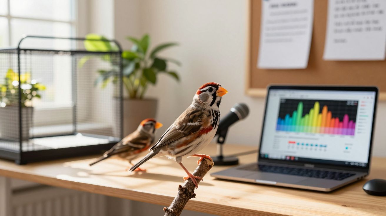 Dois pássaros coloridos na mesa de madeira junto a um computador portátil e um microfone em ambiente iluminado.