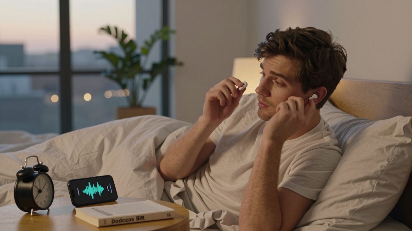 Homem deitado na cama a colocar auscultadores sem fios, com telemóvel a reproduzir áudio na mesa de cabeceira.