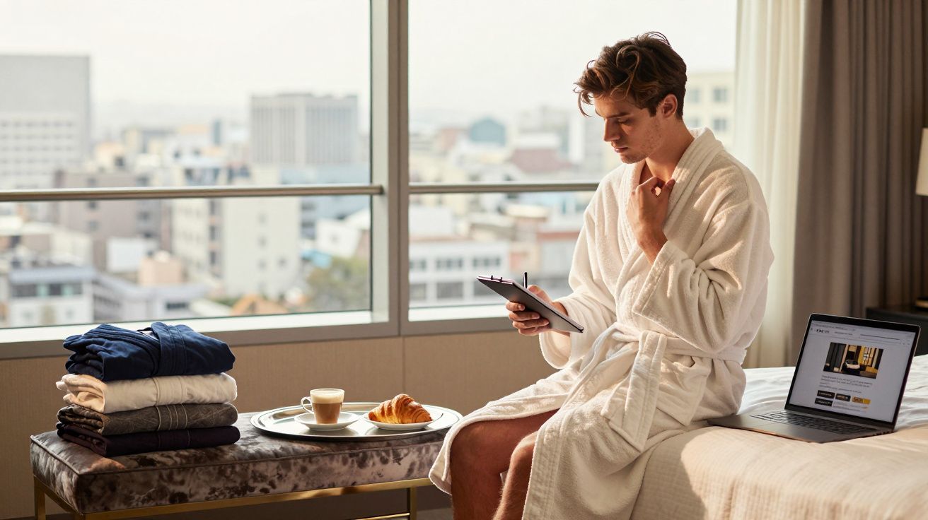 Homem de roupão sentado numa cama com tablet e laptop, com janela grande e vista de cidade ao fundo.