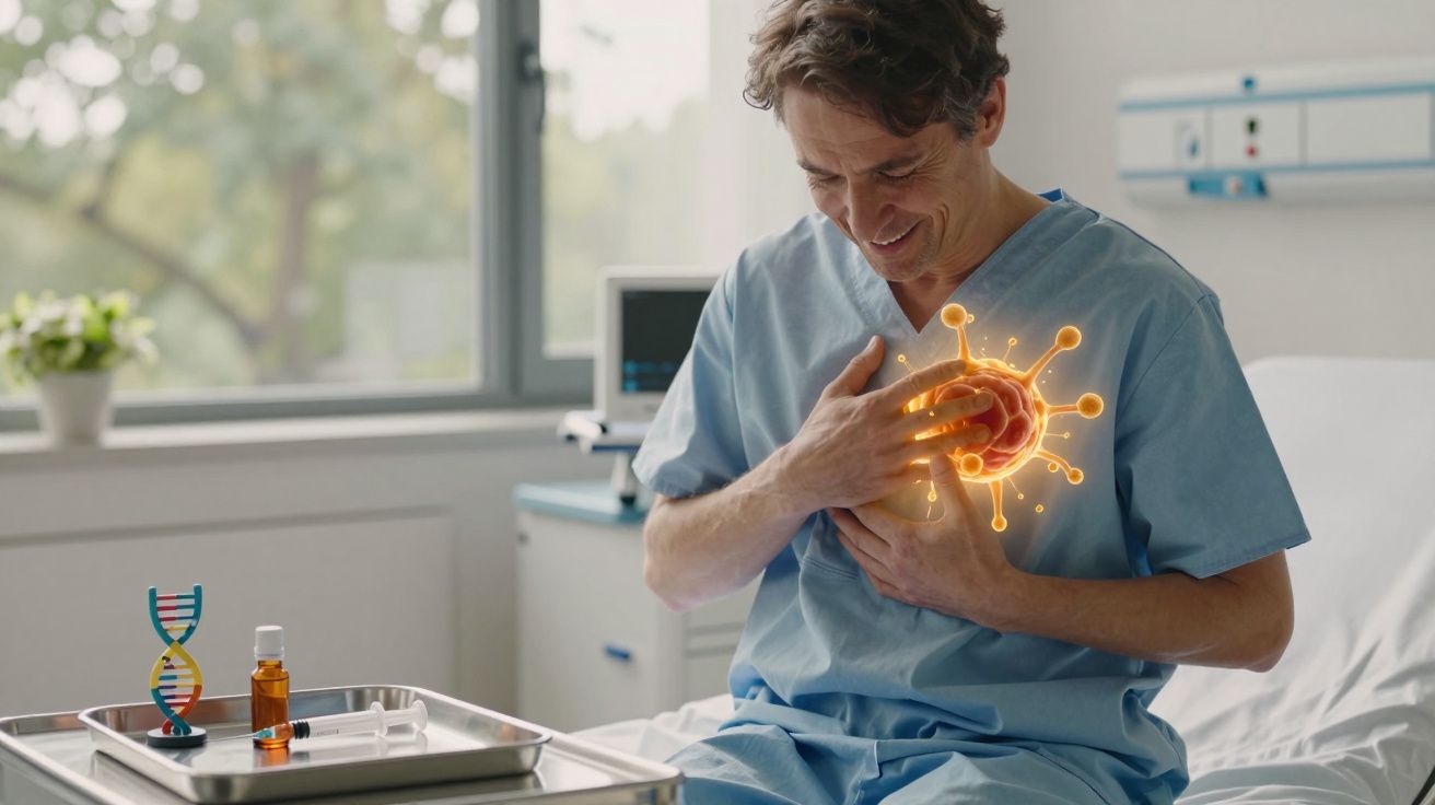 Homem em pijama hospitalar com mão no peito, representando dor cardíaca com efeito gráfico laranja.