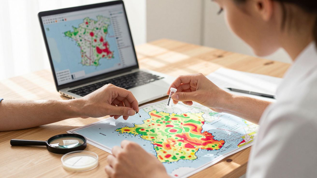 Duas pessoas analisam mapa colorido da França com marcadores, computador e lupa numa mesa de madeira.