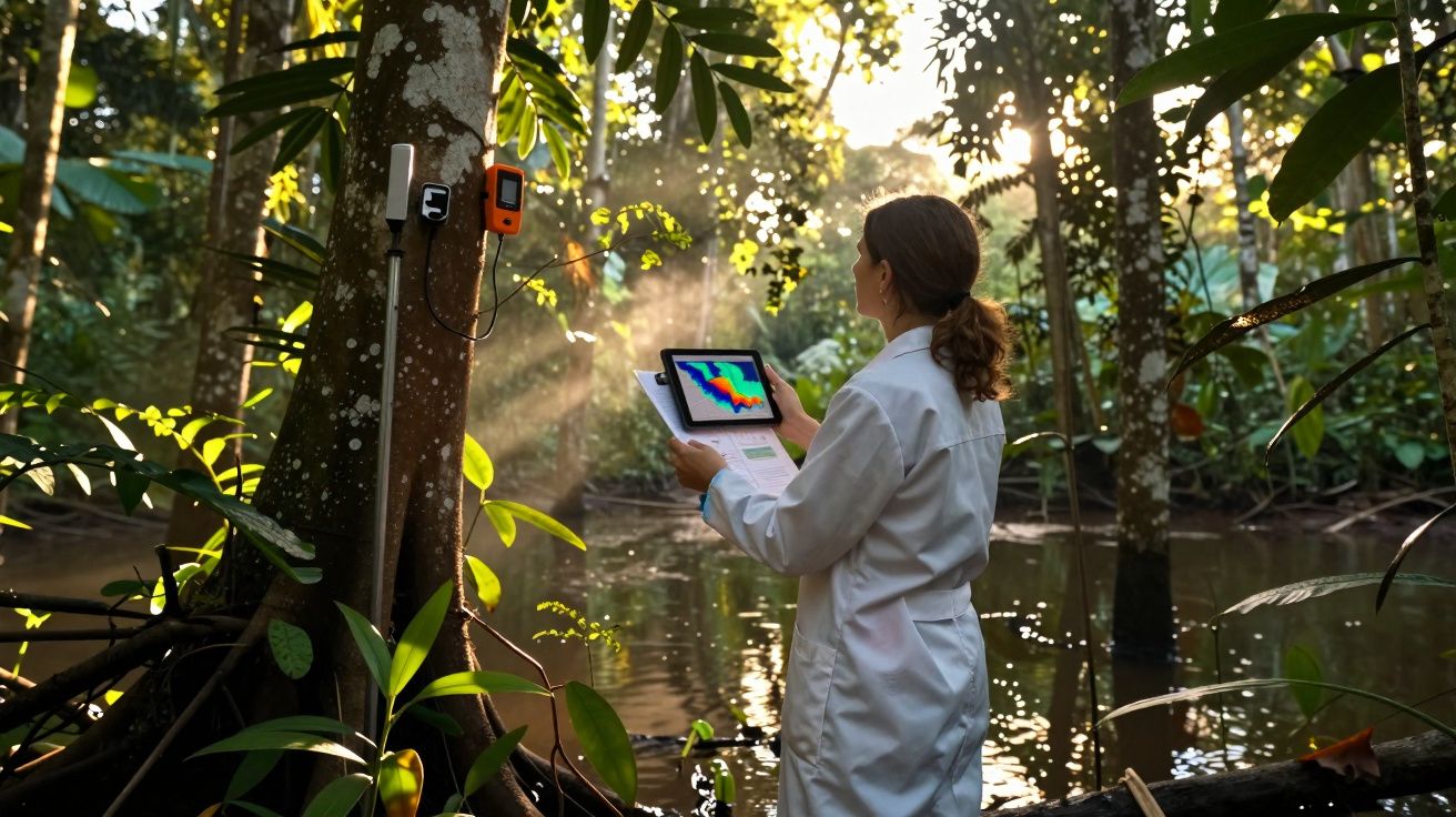 Cientista com bata branca usa tablet para analisar dados ambientais numa floresta alagada ao entardecer.