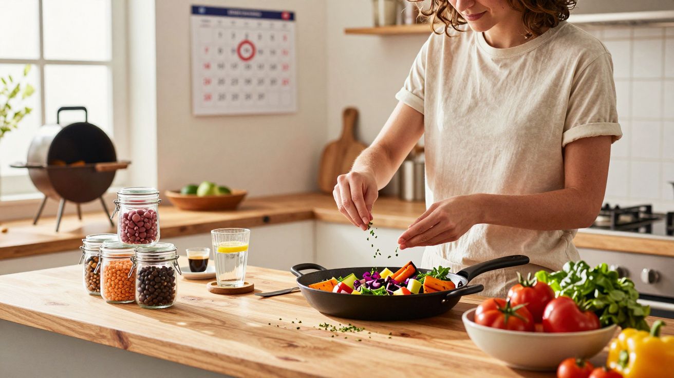 Mulher a cozinhar legumes frescos numa frigideira numa cozinha moderna e luminosa.