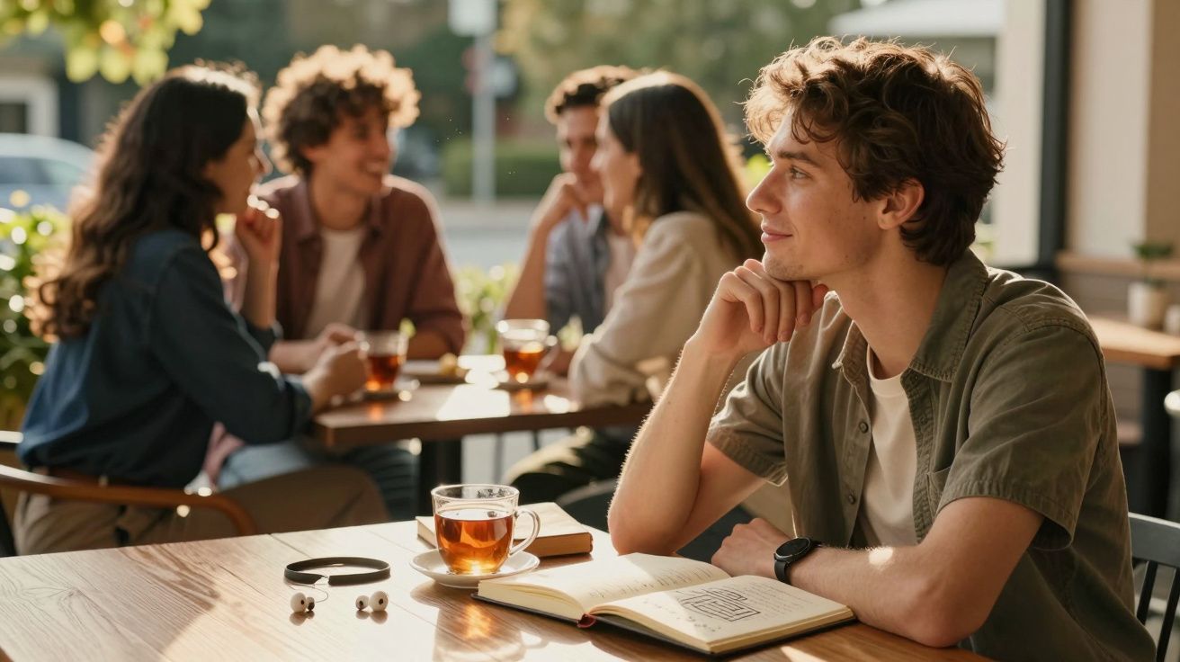 Jovem sentado sozinho num café com chá e caderno aberto, enquanto grupo conversa ao fundo.