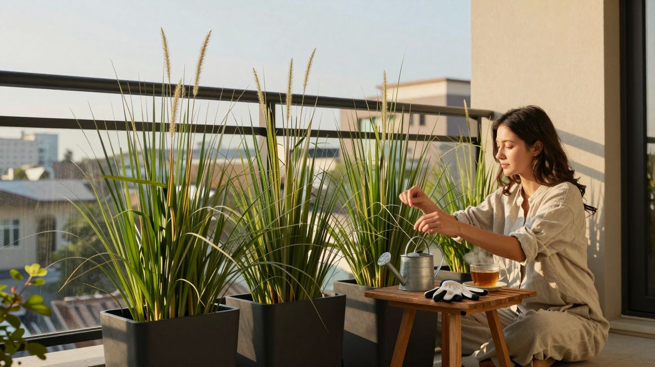 Mulher regando plantas em vasos no terraço durante o dia com luz natural.