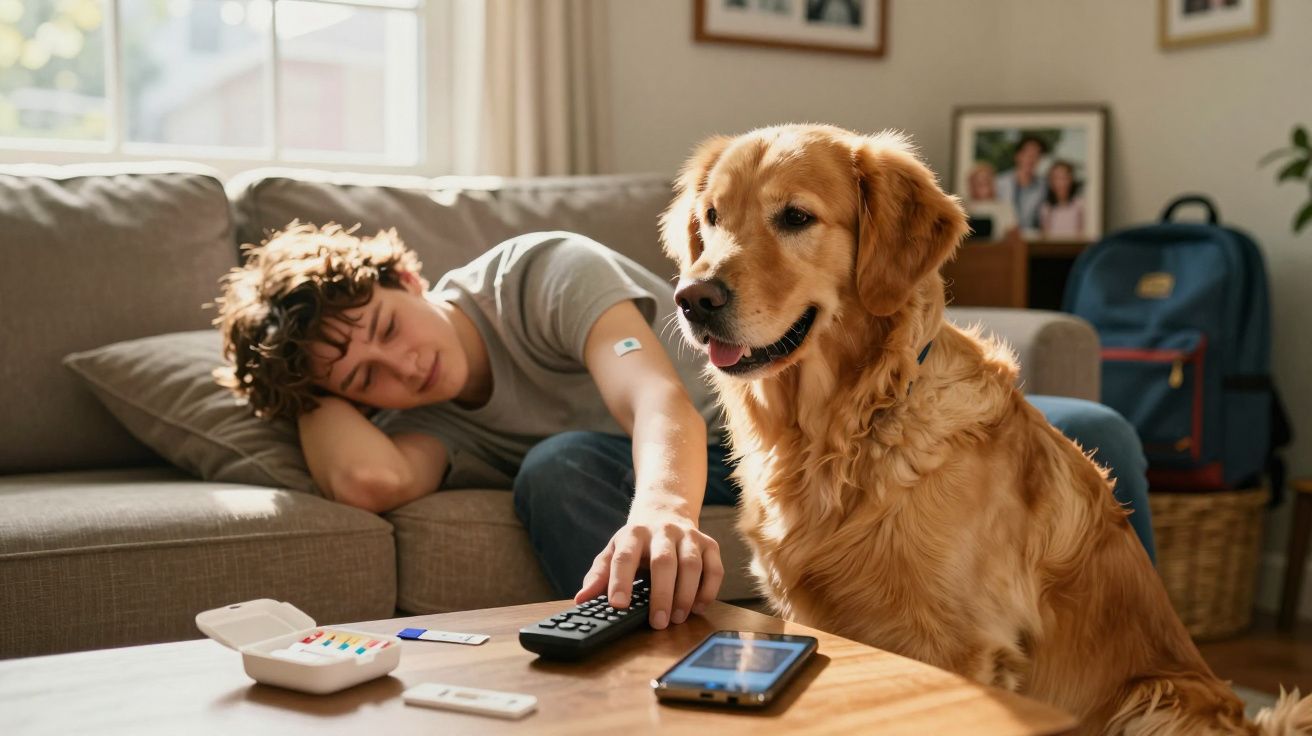 Rapaz deitado no sofá com uma mão na televisão e cão golden retriever sentado junto à mesa.