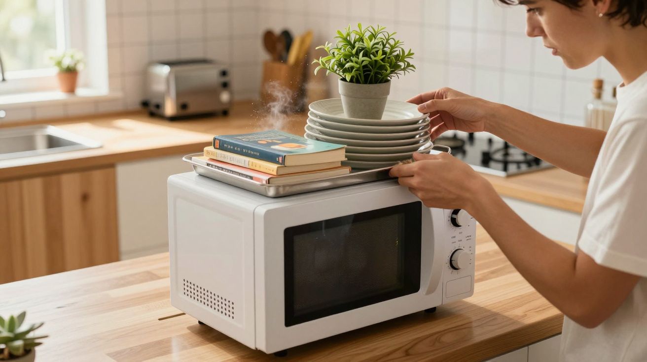 Pessoa a retirar uma pilha de pratos e plantas de cima de um micro-ondas branco numa cozinha.