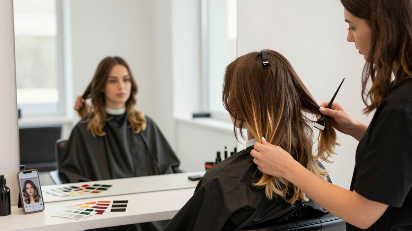 Cabeleireira prepara cabelo de mulher sentada diante de espelho numa sala de salão iluminada.