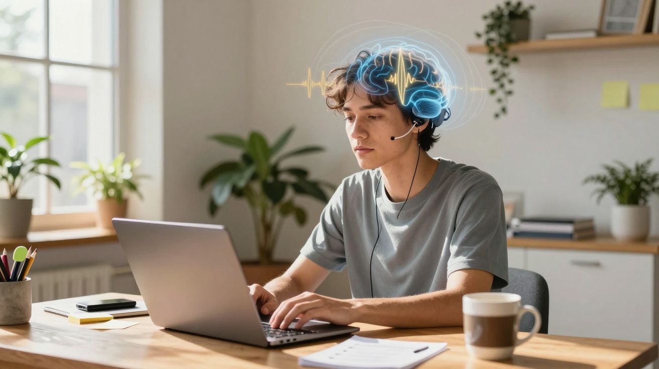 Jovem com auricular a usar laptop num ambiente luminoso com ilustração digital de cérebro e ondas cerebrais.