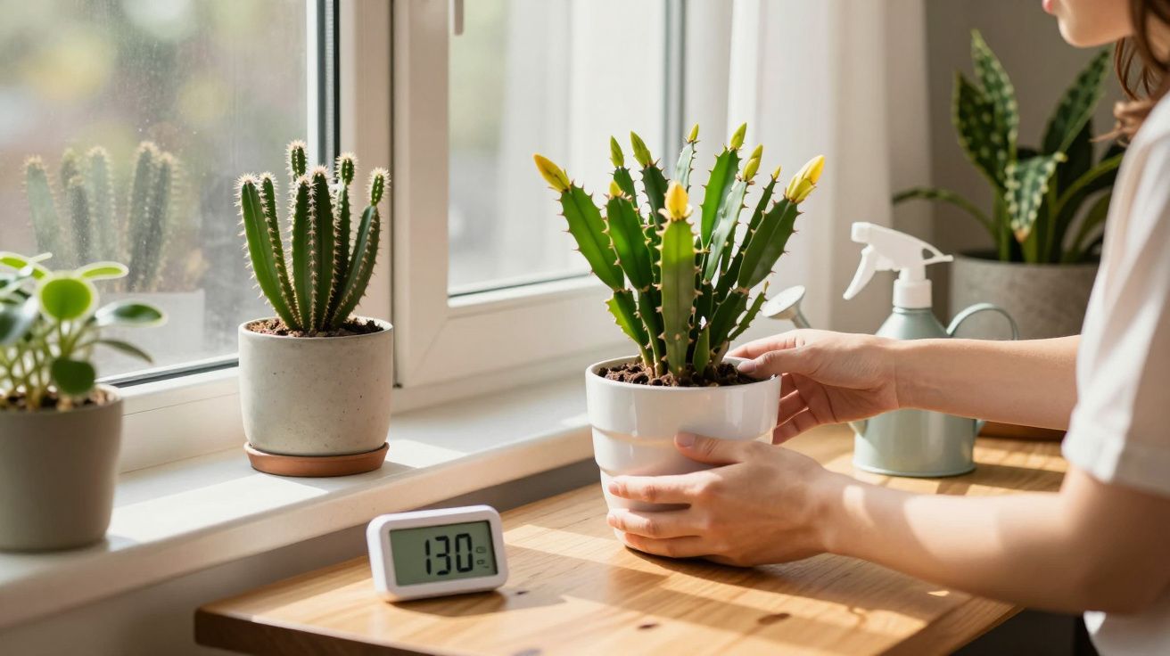 Pessoa a cuidar de cacto com flores amarelas num vaso branco, junto a janela com plantas e termómetro digital.