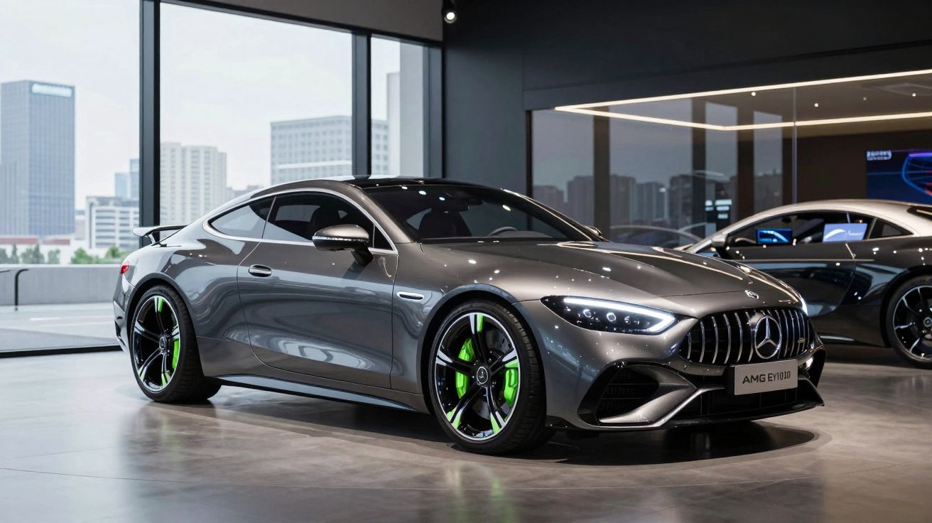 Mercedes-Benz AMG E 53 cinzento com detalhes verdes, exposto numa sala moderna com janelas amplas.