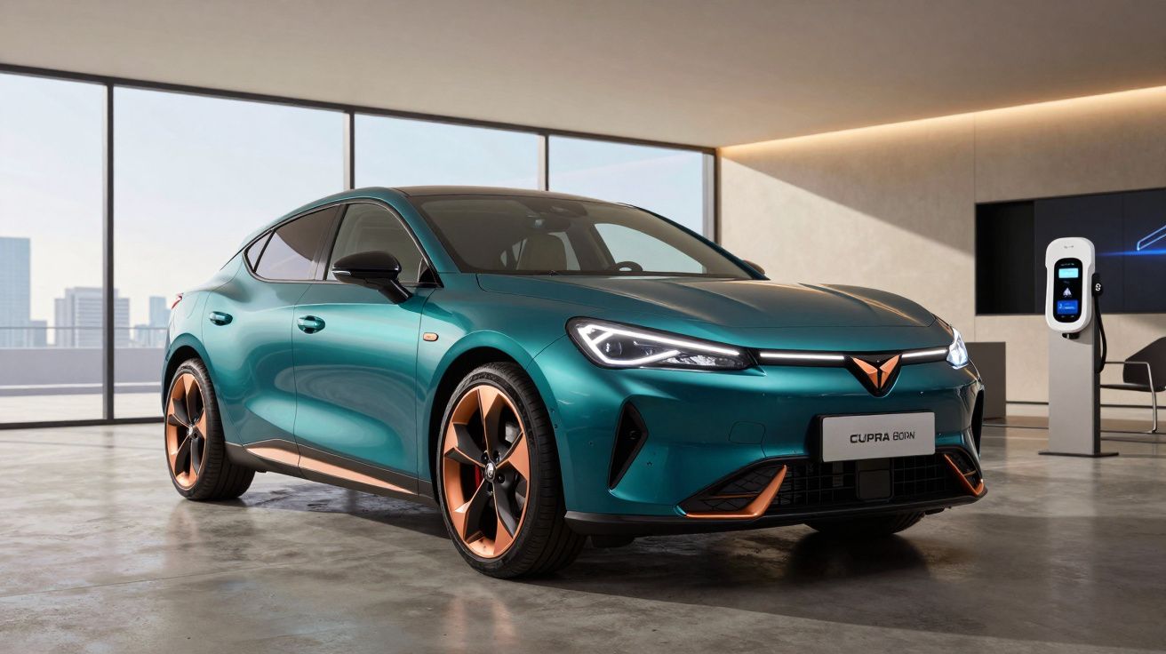 Automóvel elétrico Cupra Born verde com detalhes em cobre em garagem moderna, próximo a posto de carregamento.
