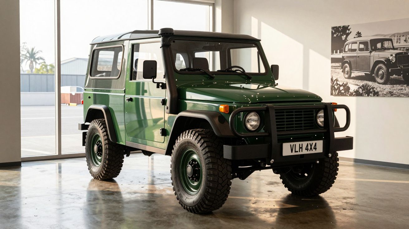 Veículo todo-o-terreno clássico verde em exposição interior com placa de matrícula VLH 4X4.