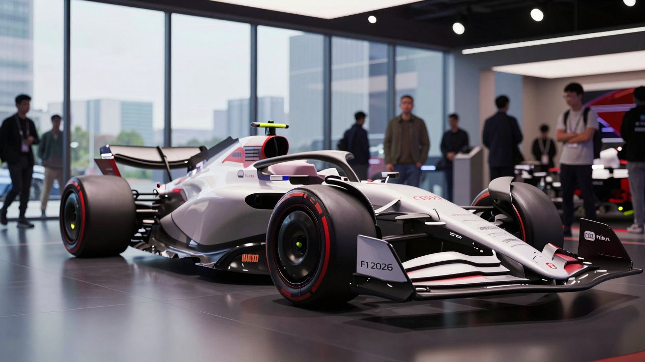 Carro de Fórmula 1 branco exposto em salão com pessoas ao fundo, em ambiente moderno e iluminado.