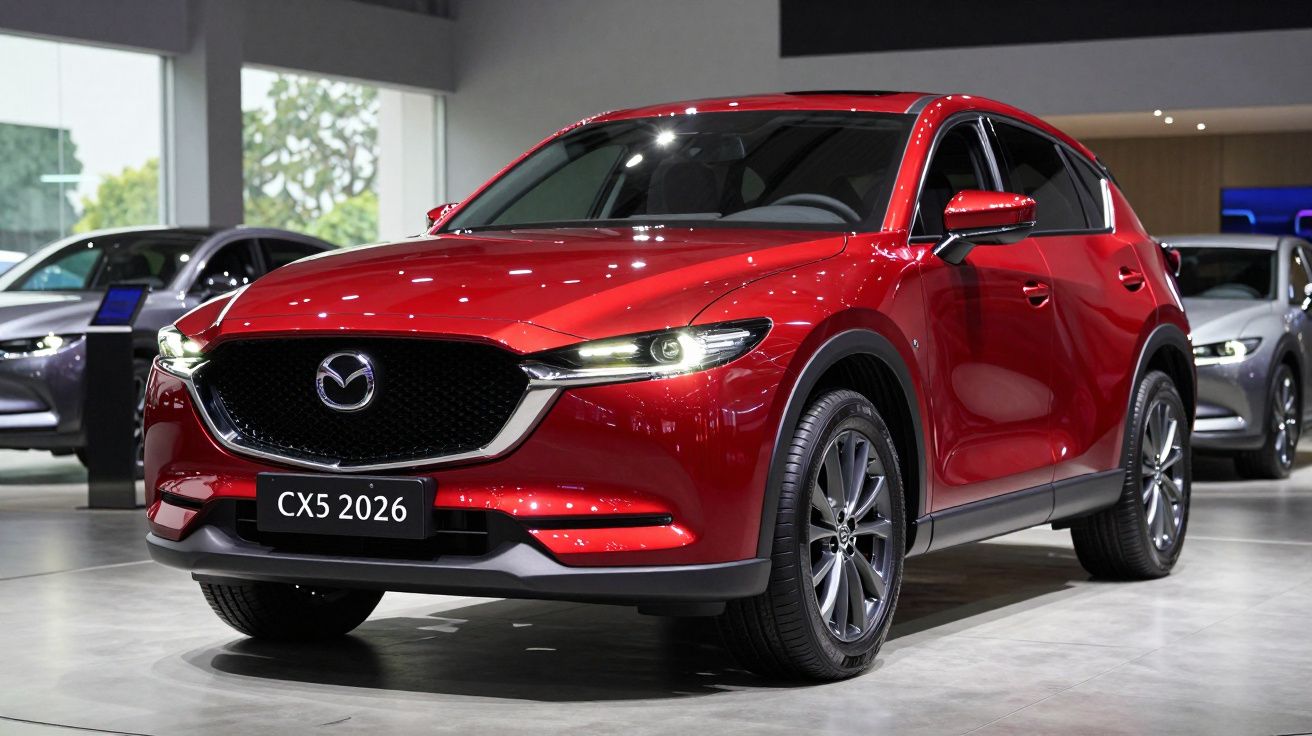 Carro Mazda CX5 2026 vermelho, exposto em salão automóvel moderno, com luzes acesas.