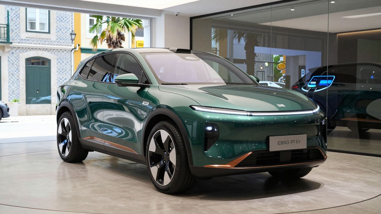 Carro elétrico verde Ebro Ptev exibido numa sala de exposição moderna com chão em betão e vidro.