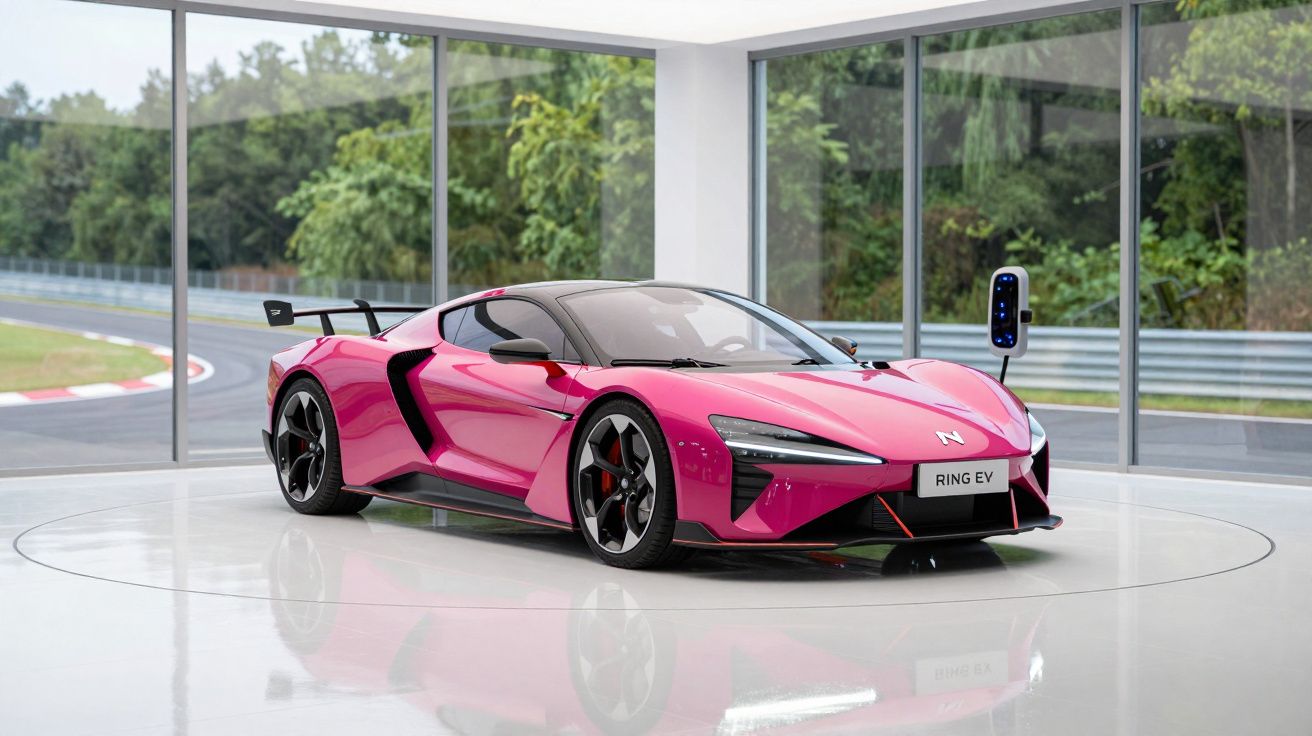 Carro desportivo elétrico rosa estacionado numa sala ampla com paredes de vidro e estação de carregamento.