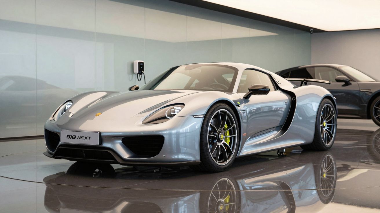 Carro desportivo Porsche 918 Next prateado em exposição numa sala moderna com piso refletor.