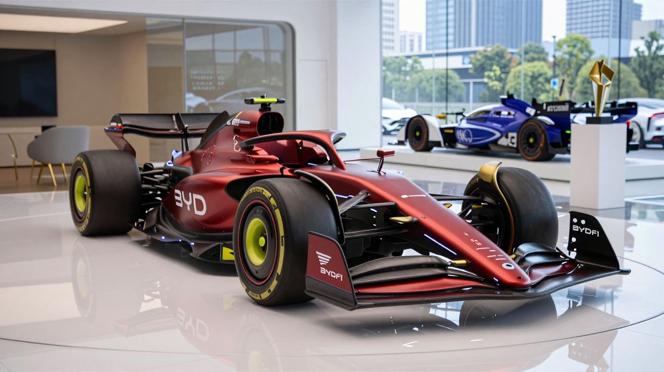Carro de Fórmula 1 vermelho BYD em exposição num salão moderno com outro carro ao fundo.