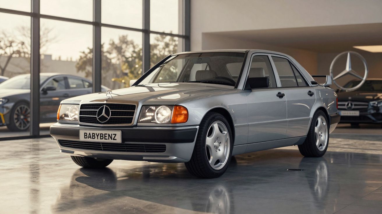 Carro clássico Mercedes-Benz prateado com matrícula Babybenz numa garagem luminosa e moderna.