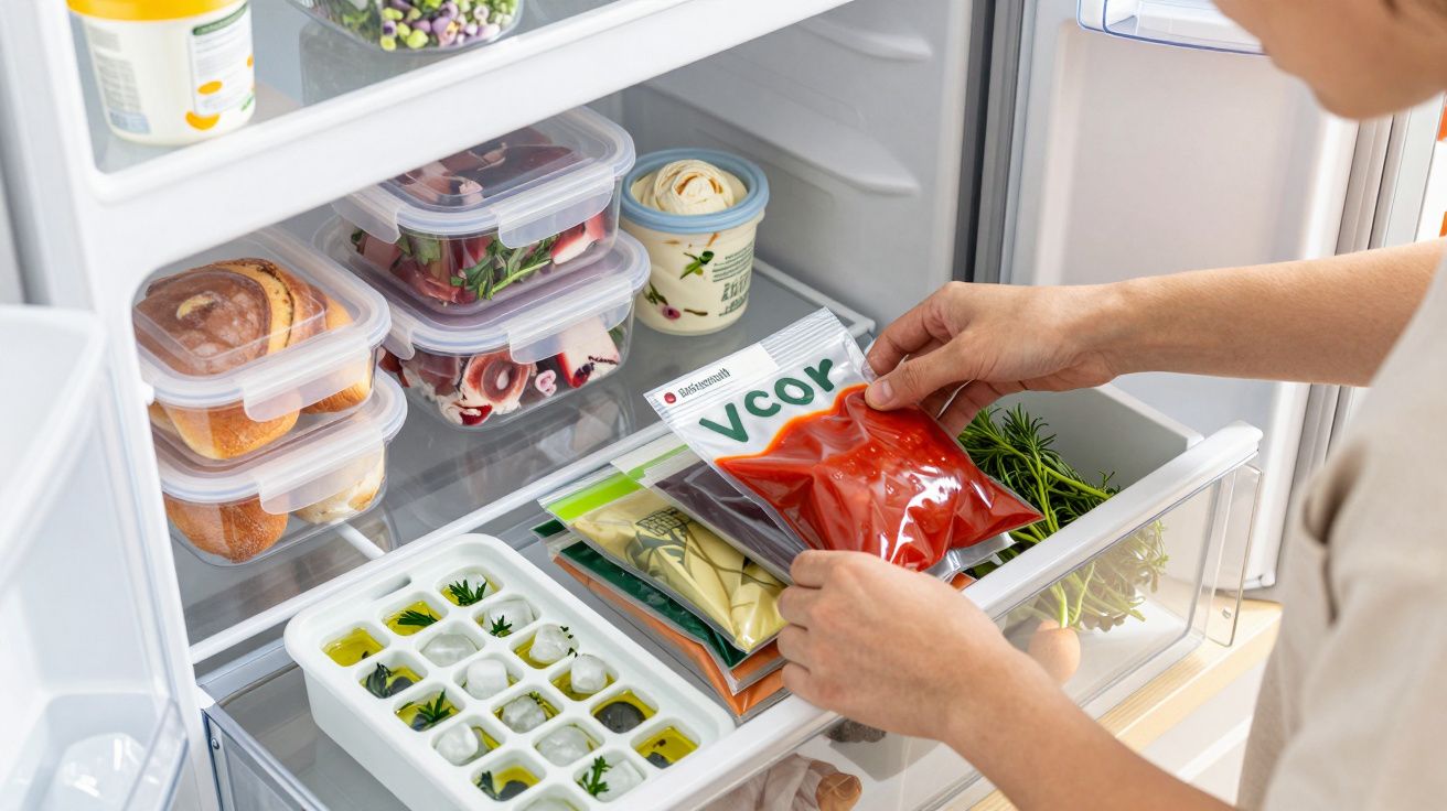 Mãos a colocar saco de vegetais vermelhos em frigorífico organizado com alimentos em recipientes e ervas frescas.
