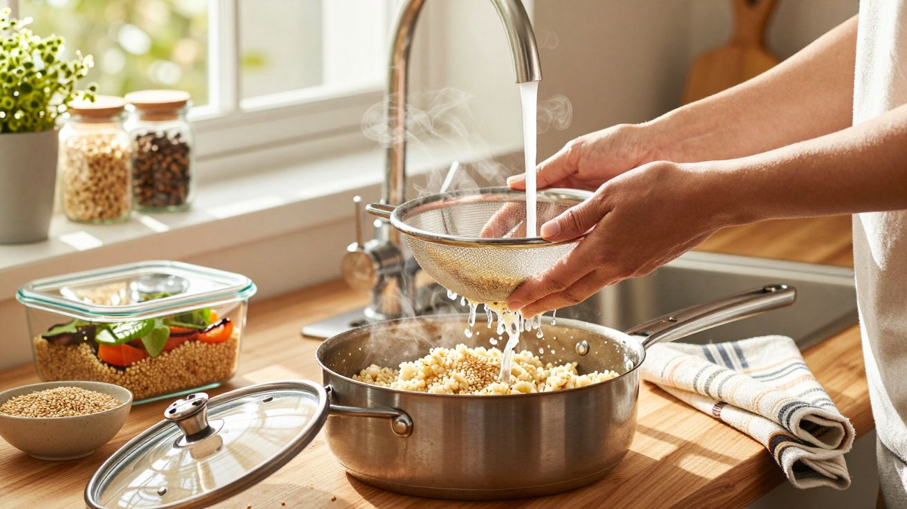 Pessoa a escorrer quinoa com peneira numa panela de metal numa cozinha iluminada.