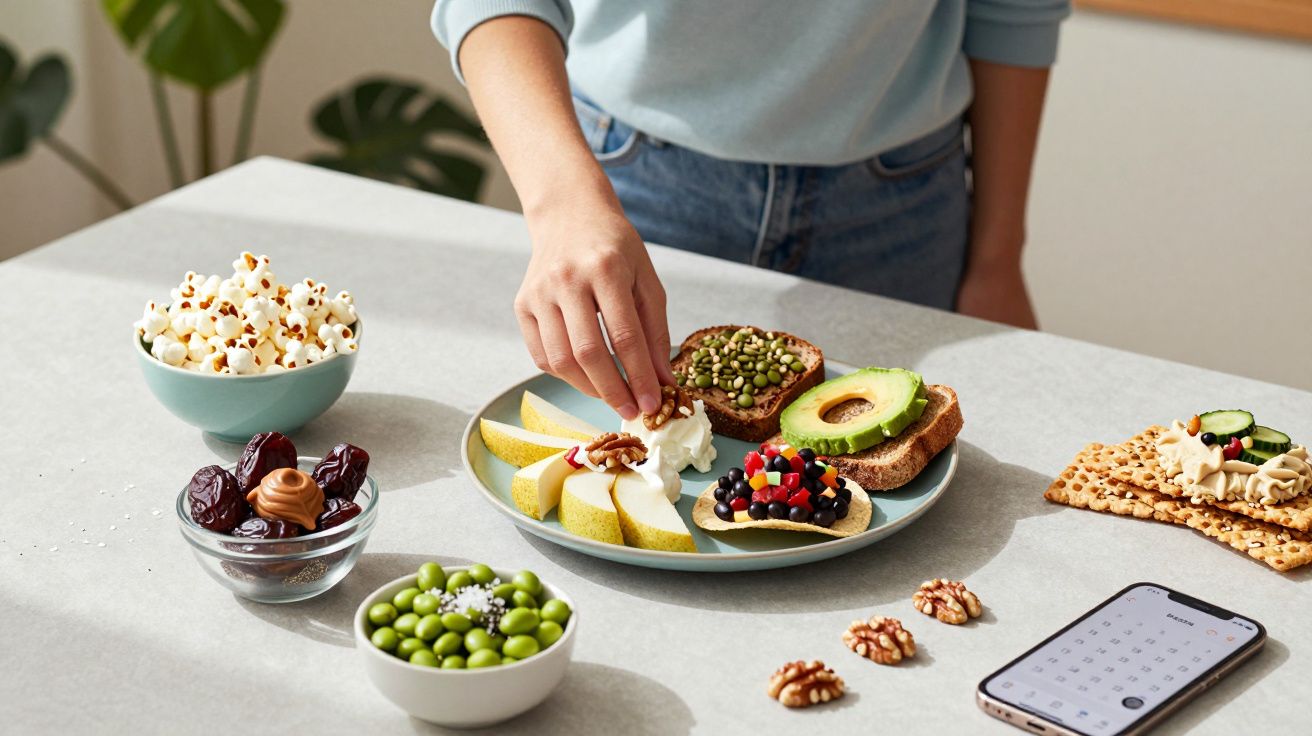 Pessoa a preparar snacks saudáveis numa mesa com frutas, frutos secos, bolachas e telemóvel.
