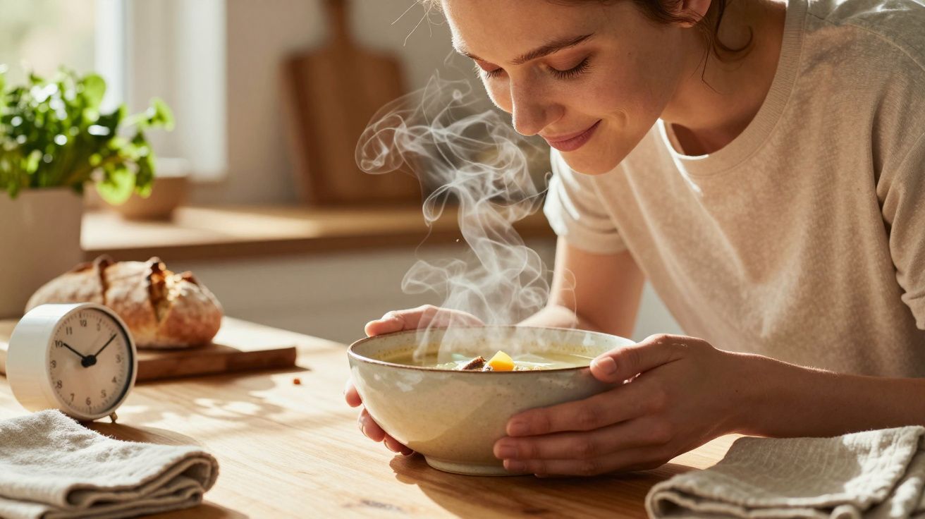 Mulher segura tigela fumegante de sopa numa cozinha com pão e relógio ao fundo.