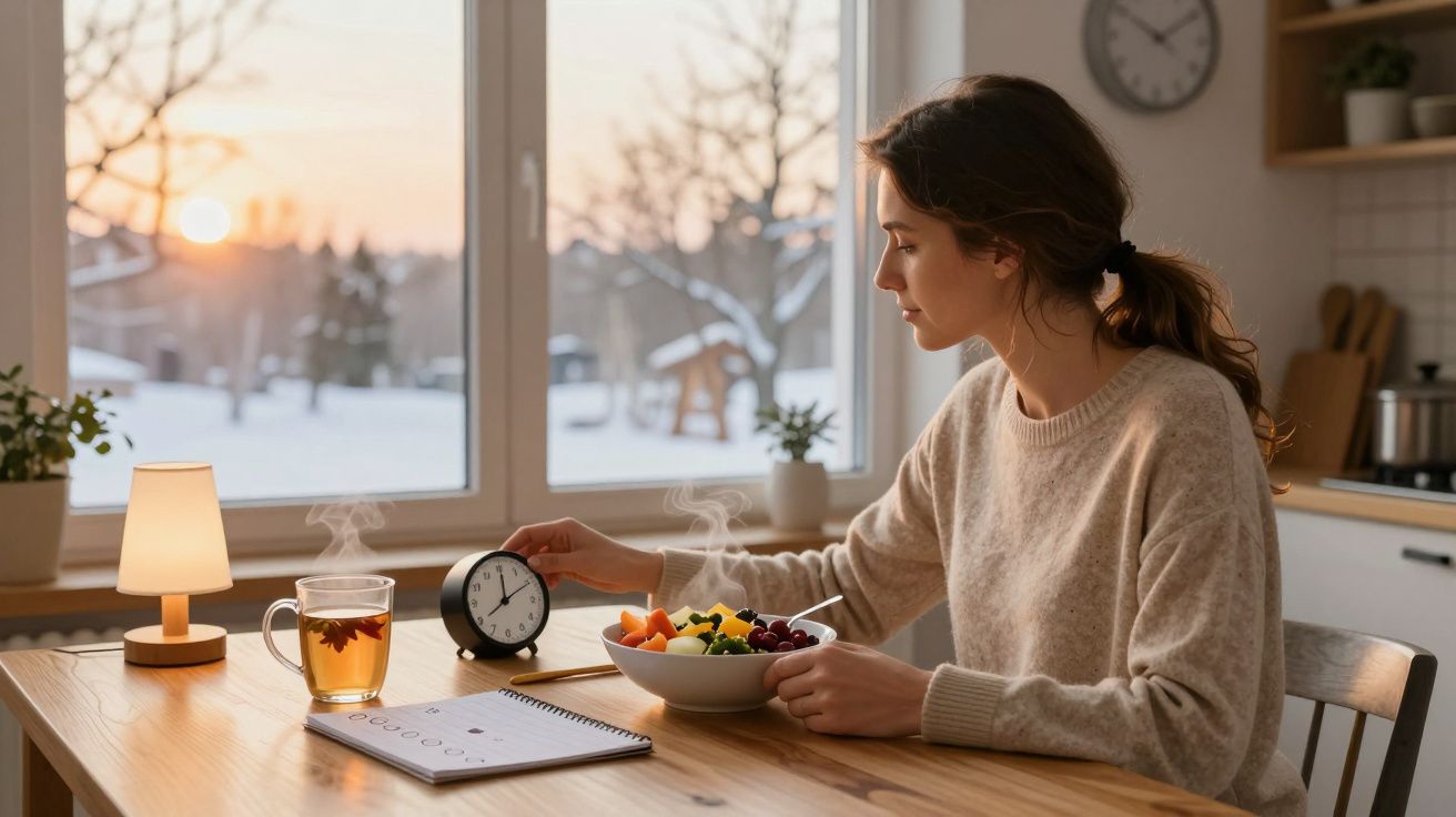 Mulher ajusta despertador na mesa com chá e tigela de fruta, manhã de inverno com neve e sol nascente na janela.