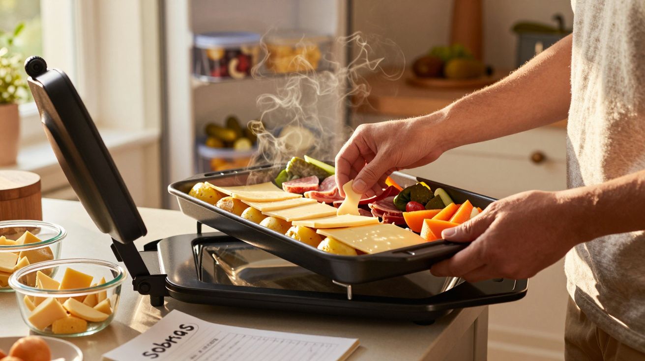 Pessoa a preparar sandwich na sanduicheira com queijo, batatas e legumes na cozinha iluminada.