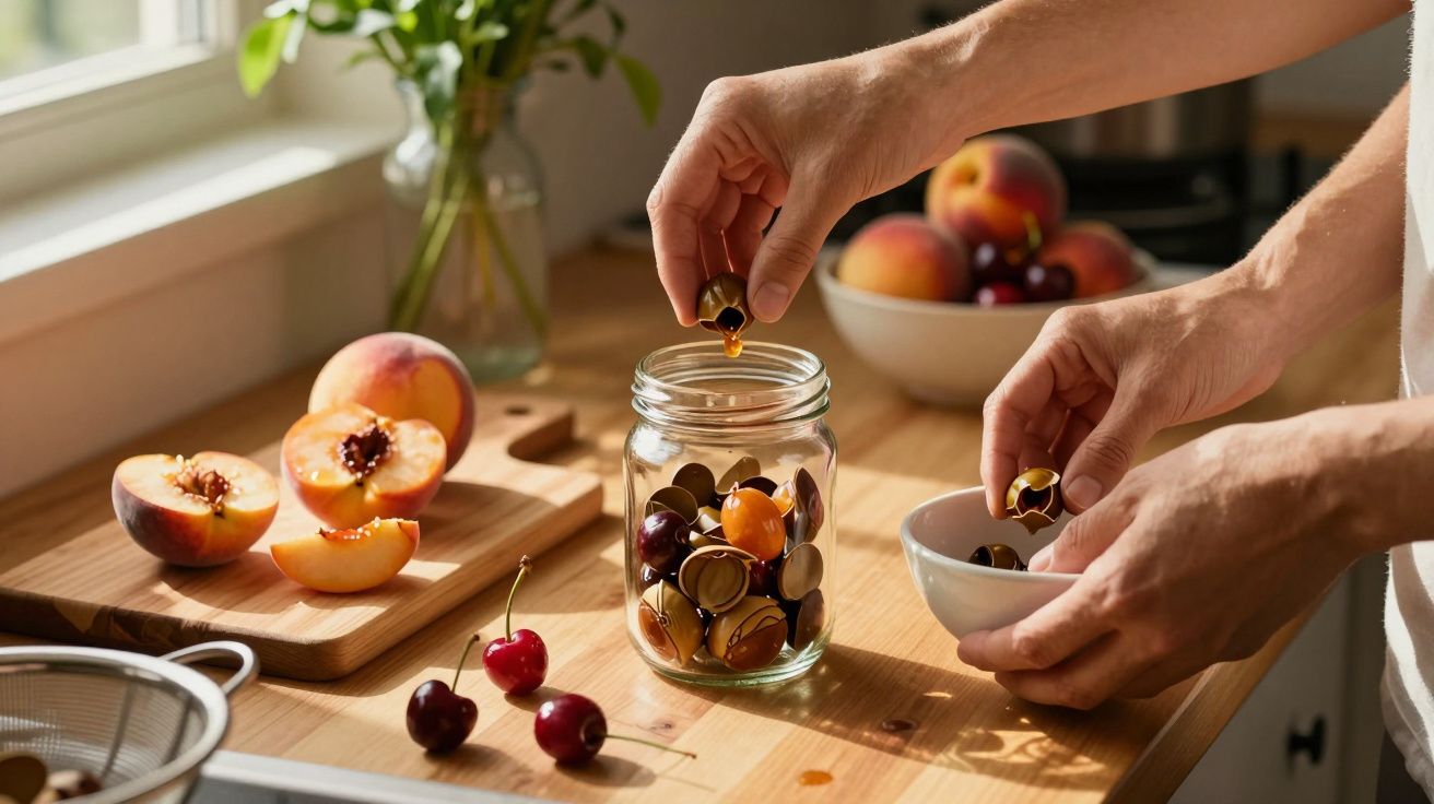 Mãos a colocar cápsulas de café usadas num frasco, com fruta fresca cortada numa bancada de cozinha iluminada.