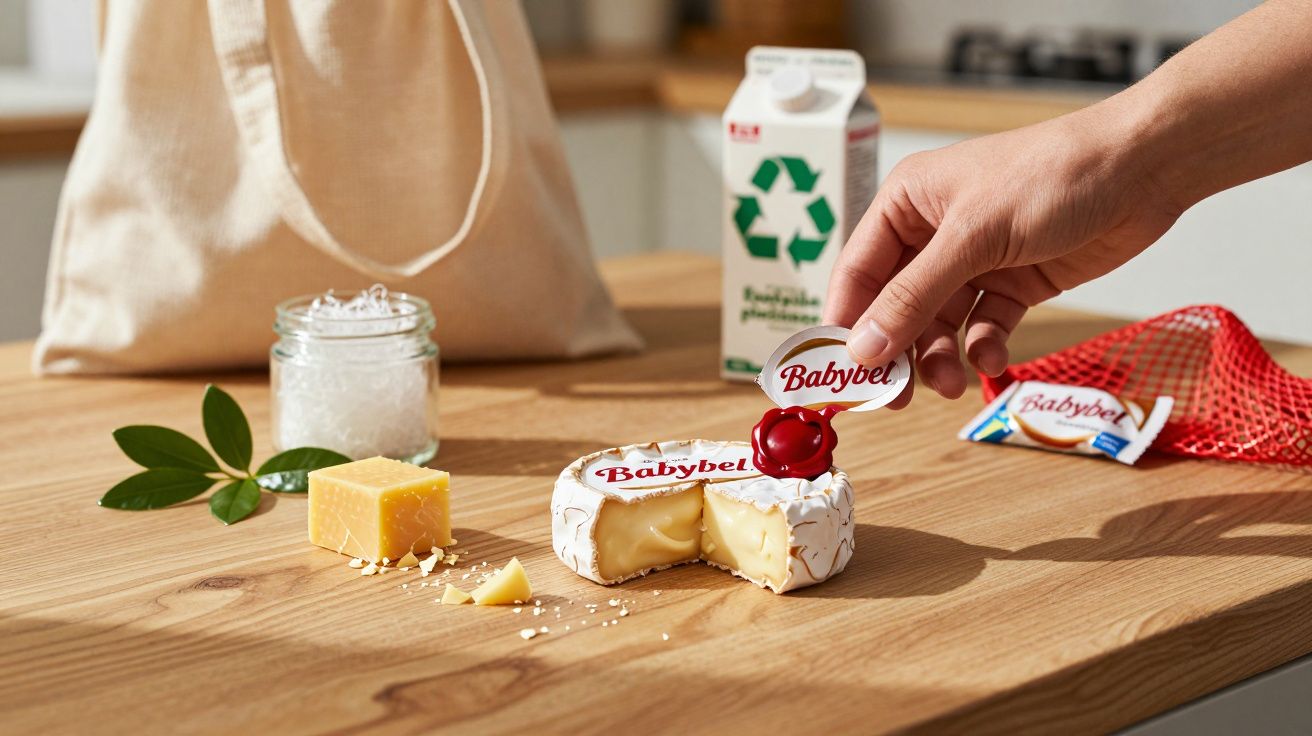 Queijo Babybel cortado com pedaços de queijo, embalagem e mão a abrir uma peça num ambiente de cozinha.
