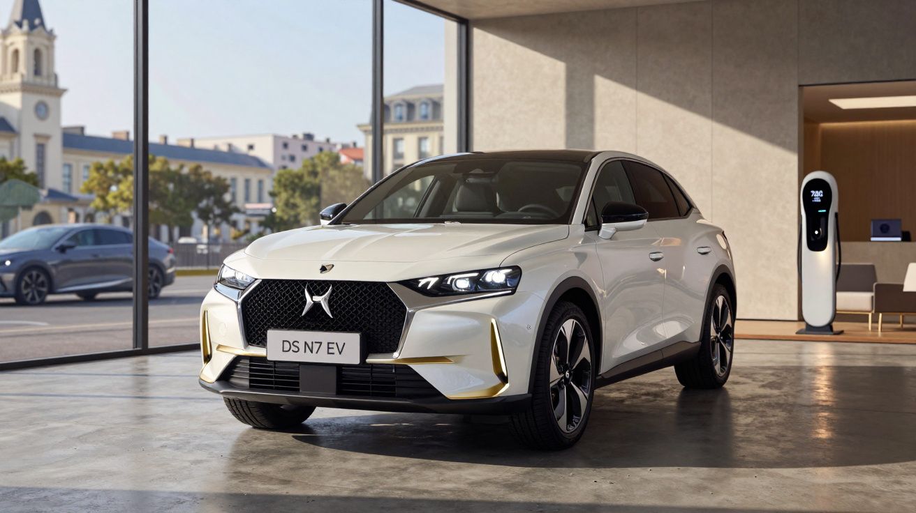 Carro elétrico DS N7 EV branco estacionado num espaço interior moderno com carregador elétrico ao lado.