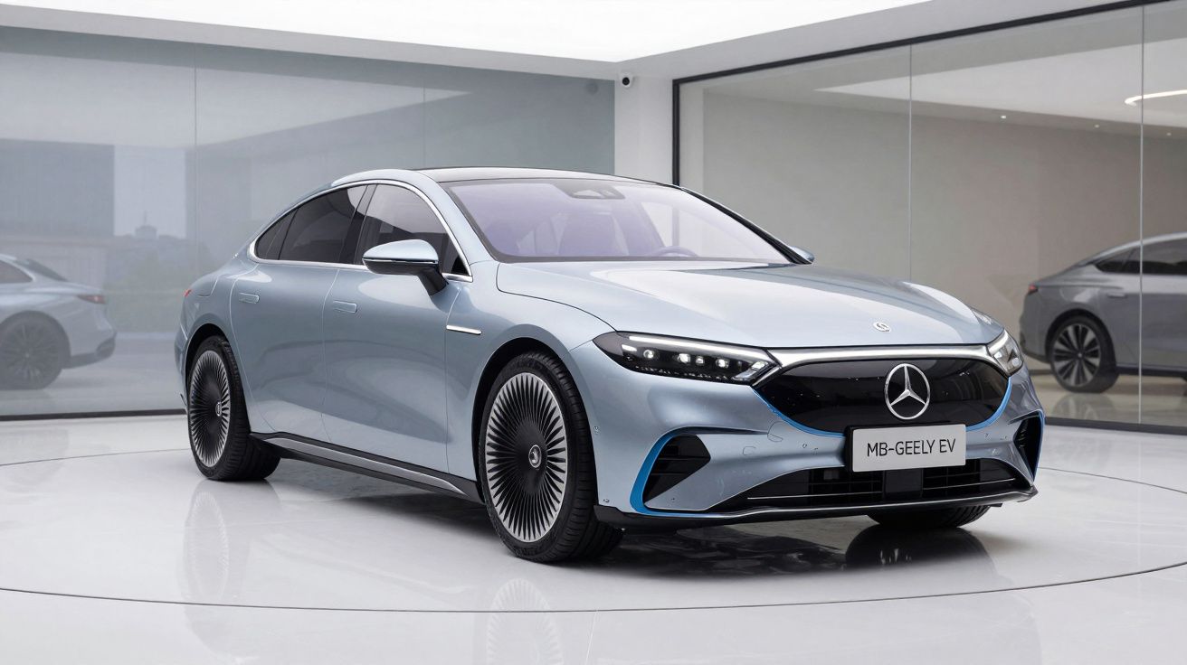 Carro elétrico Mercedes-Benz MB-GEELY EV cinzento prateado com design moderno em exibição interior.