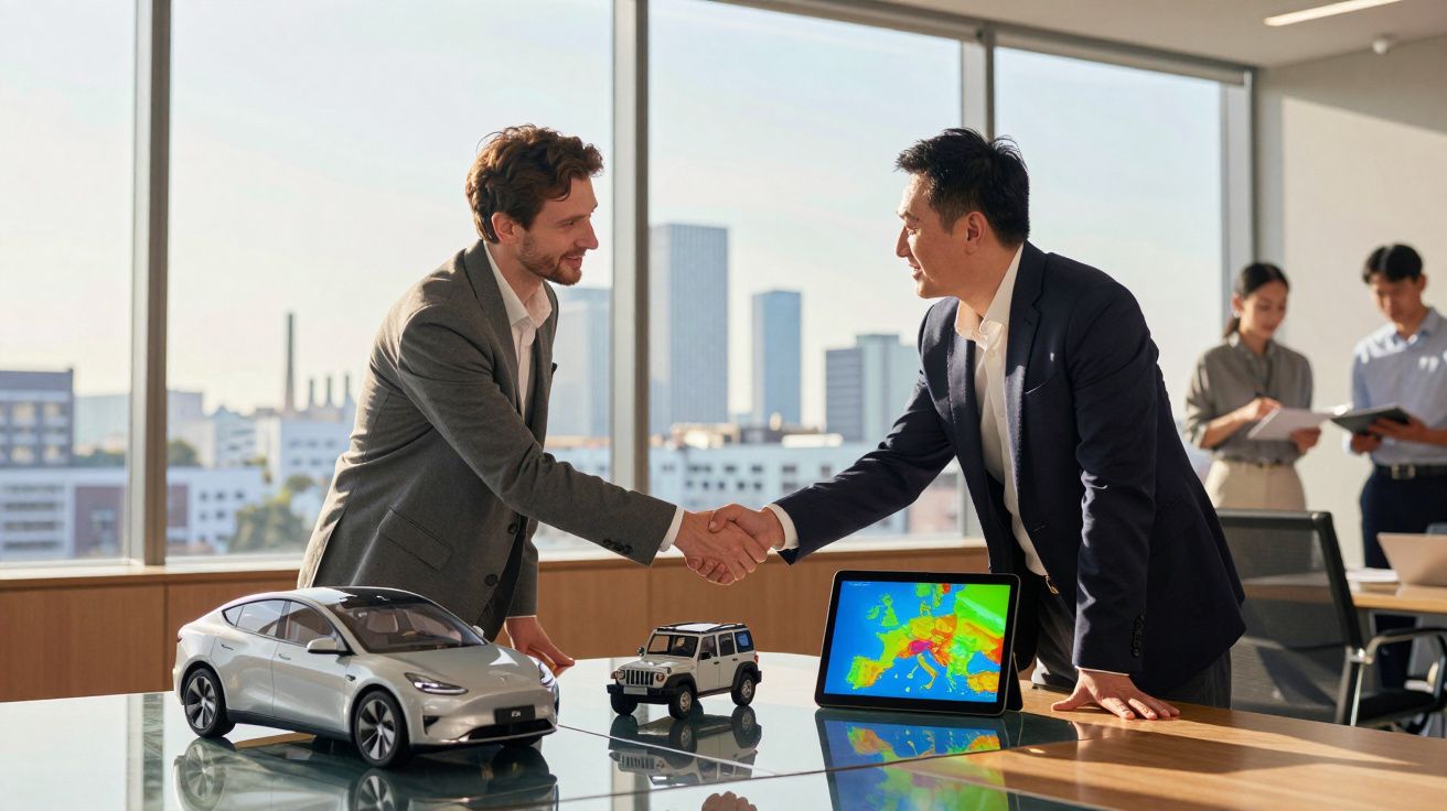 Dois homens em fato apertam as mãos numa reunião com modelos de carros e mapa térmico na mesa.