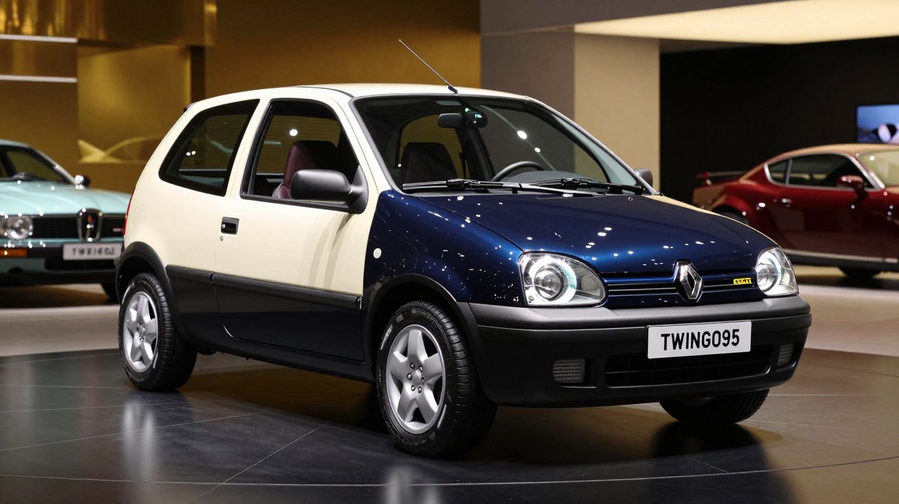 Pequeno carro Renault Twingo com pintura bicolor azul escuro e branco em exibição num salão automóvel.