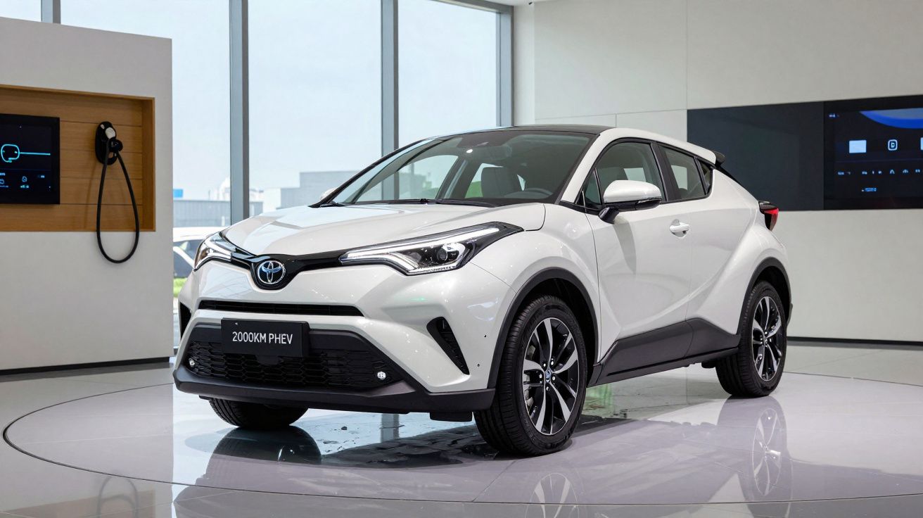 Carro SUV branco Toyota 2000KM PHEV exposto em interior moderno com iluminação natural.