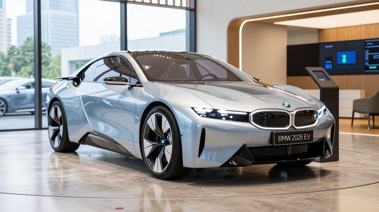 Carro elétrico BMW 2026 EV cinzento, estilo futurista, em showroom moderno com grandes janelas e decoração minimalista.