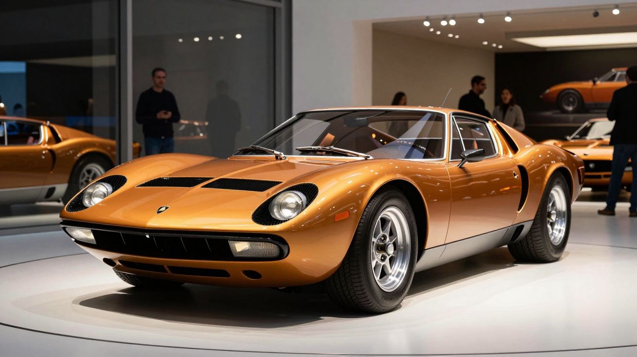 Carro desportivo Lamborghini Miura laranja exposto em museu com pessoas ao fundo.