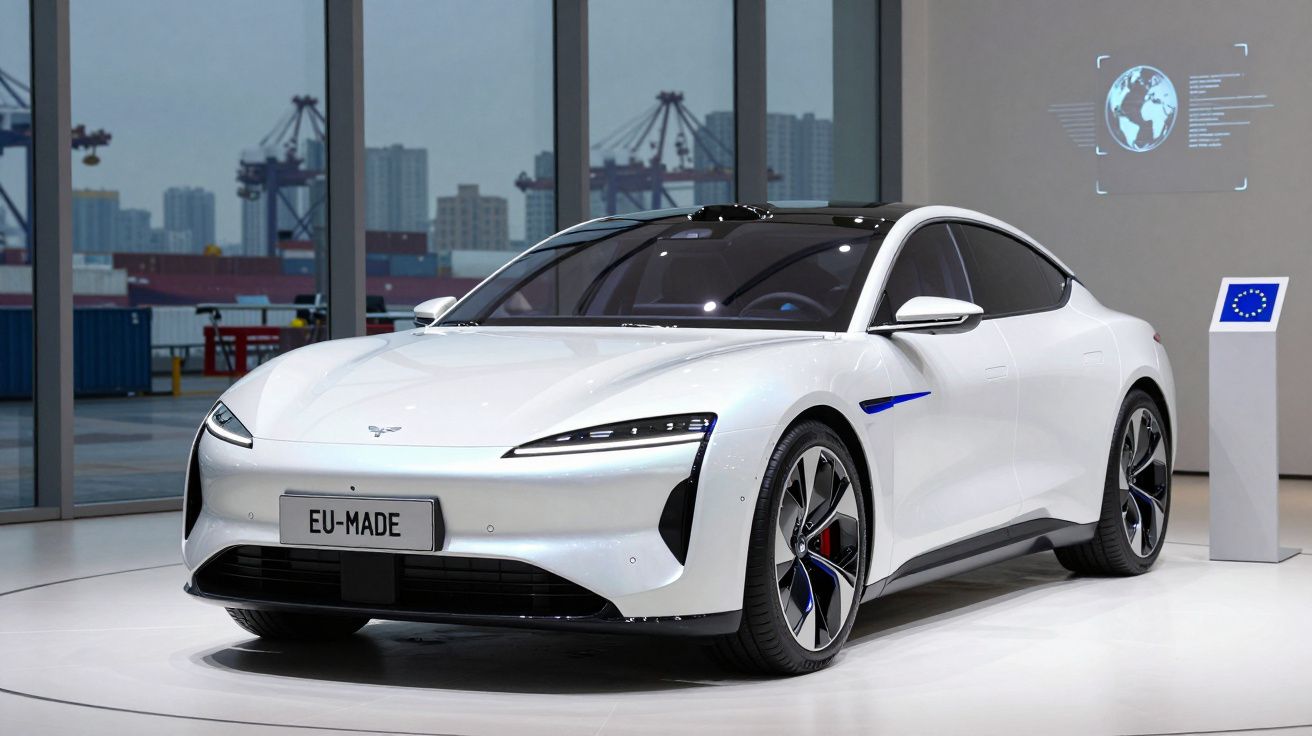 Carro elétrico branco moderno em exibição, com placa EU-MADE, em ambiente interior com janelas grandes.